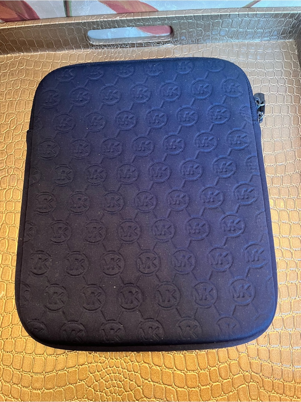 Michael Kors Navy Embossed MK Tablet/Laptop Pouch with Logo Plaque - Picture 7 of 11